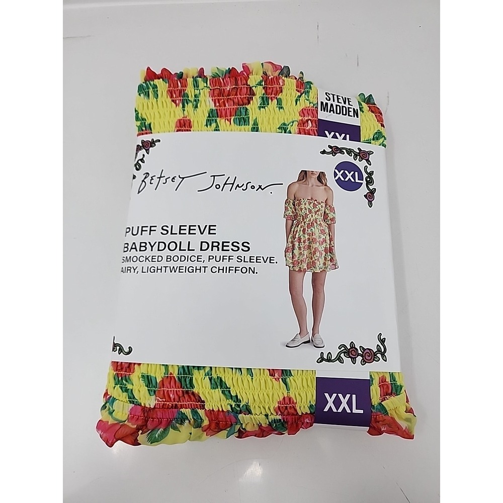 BETSY JOHNSON Puff Sleeve Babydoll Dress‎ XXL Yellow Floral Ruffle